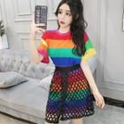 Set: Striped Short-sleeve T-shirt + Mesh A-line Skirt
