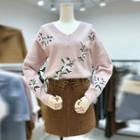 Set: Embroidered Knit Pullover + A-line Skirt