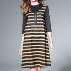 Set: Plain 3/4 Sleeve T-shirt + Striped Sleeveless Midi Dress