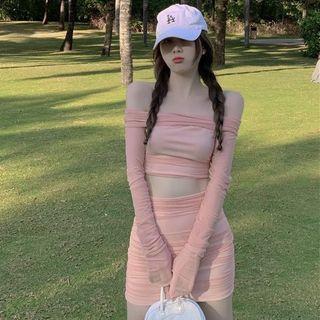 Off-shoulder Shirred Crop Top / High Waist Plain Skirt