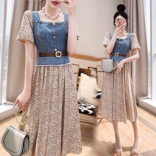 Short-sleeve Floral Print Denim Panel Midi A-line Dress