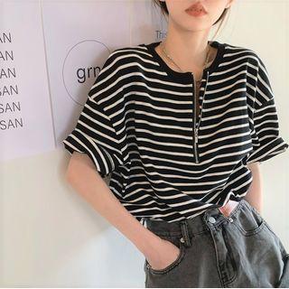 Short-sleeve Striped Half-zip T-shirt Stripes - Black & White - One Size