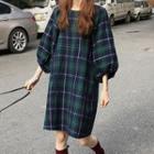 3/4-sleeve Checked Shift Dress As Shown In Figure - One Size