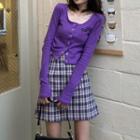 Long-sleeve Plain Cardigan / Plaid Mini Skirt