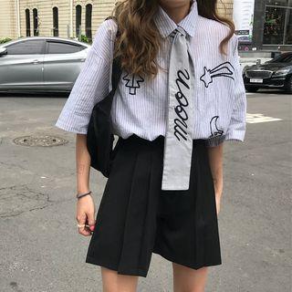Elbow-sleeve Striped Embroidered Shirt / Plain Shorts