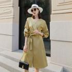 Elbow-sleeve Tie-waist Plain Dress