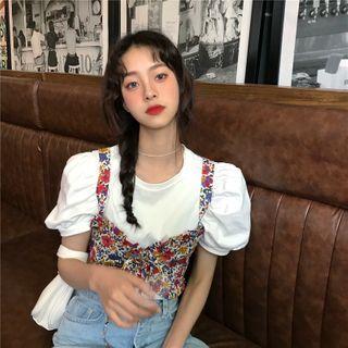 Puff-sleeve Plain T-shirt / Floral Cropped Camisole Top