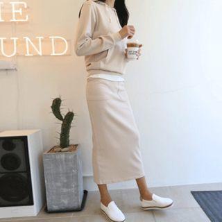 Set: Hooded Layered-hem Top + Maxi Skirt