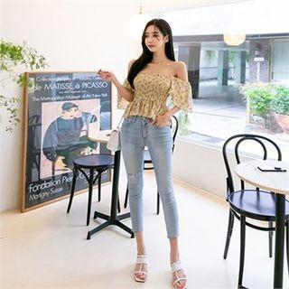 Waist-band Fray-hem Ice-blue Jeans