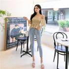 Waist-band Fray-hem Ice-blue Jeans