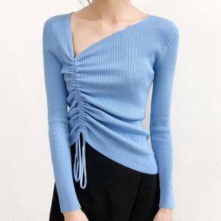 Long-sleeve Ribbed Drawstring Knit Top