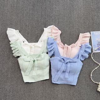 Square Neck Bow Detail Shirred Blouse