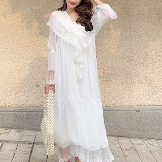 Plain Lace Trim Panel Long-sleeve Dress