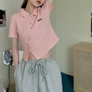 Short-sleeve Collared Lettering T-shirt Pink - One Size