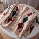 Argyle Cable-knit Cardigan Argyle - Beige & Green & Red - One Size