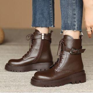 Lace-up Buckled Genuine Leather Platform Short Boots