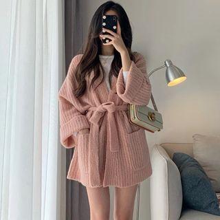Plain Elastic-waist Cardigan