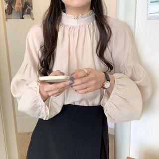 Puff-sleeve Frill Trim Blouse Almond - One Size