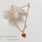 Heart Rhinestone Pendant Bracelet S123 - Gold & Red - One Size