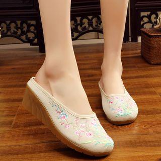 Flower Embroidered Wedge Mules
