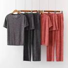 Set: Crew-neck Short-sleeve T-shirt + Drawstring Shorts + Straight-leg Pants