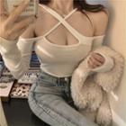 Long-sleeve Crisscross Halter Cold-shoulder Top