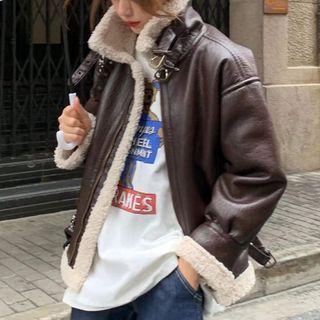 Stand Collar Fleece-lined Faux Leather Jacket