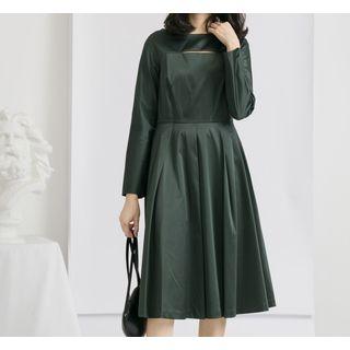 Long-sleeve Cut-out Satin A-line Dress