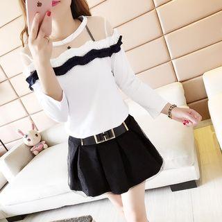 Long-sleeve Mesh-panel Ruffled Top