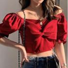 Puff Sleeve Off-shoulder Knotted Cropped Top