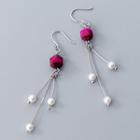 925 Sterling Silver Geometric Bead Faux Pearl Fringed Earring 1 Pair - Earring - One Size