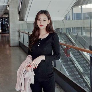 Round-neck Ribbed Long Sleeve Henley