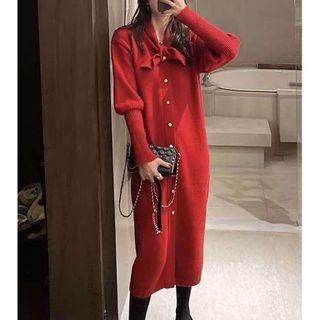 Long-sleeve Knit Tie-neck Midi Dress