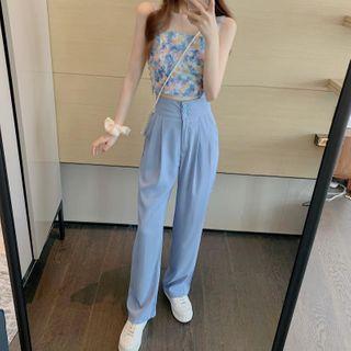 Flower Applique Camisole Top / High-waist Wide-leg Dress Pants