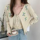 Set: Flower Embroidered Cardigan + Camisole Top Set Of 2 - Camisole Top & Cardigan - Almond - One Size