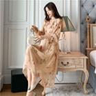 Long-sleeve Ruffled Floral-print Midi A-line Dress