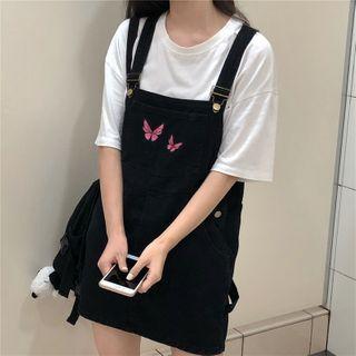 Butterfly Embroidered Mini A-line Denim Pinafore Dress