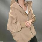 Long-sleeve Plain Zip Hooded Jacket Khaki - One Size