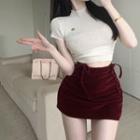 Short-sleeve Mock-neck Knit Crop Top / Mini Pencil Skirt