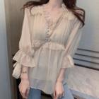 3/4-sleeve Frill Trim Chiffon Blouse As Shown In Figure - One Size