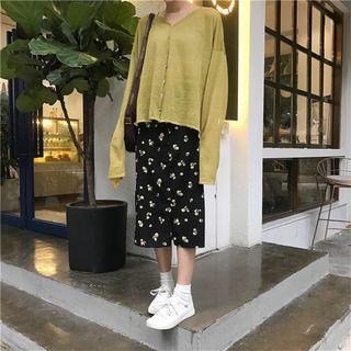 Set: Plain V-neck Cardigan + Floral Midi Chiffon Skirt