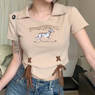 Short-sleeve Collar Dog Print Lace Up Cropped T-shirt