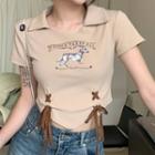 Short-sleeve Collar Dog Print Lace Up Cropped T-shirt