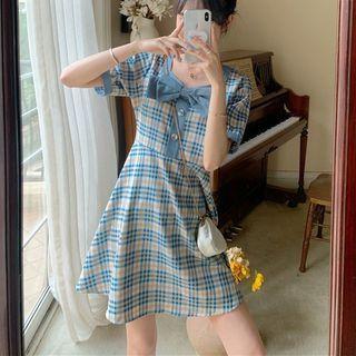 Short-sleeve Plaid Mini A-line Dress Blue & Yellow & White - One Size