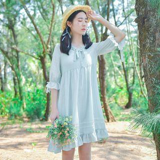 Set: Elbow-sleeve Frill Trim A-line Dress + Slipdress