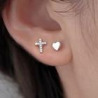 Heart & Cross Ear Stud 1 Pair - Silver - One Size