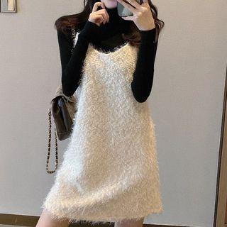 Set: Mock Neck Knit Top + Spaghetti Strap Velvet Mini A-line Dress