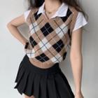 V-neck Argyle Knit Vest Khaki - One Size