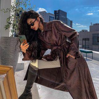 Hidden-button Embossed-grain Coat With Sash Brown - One Size