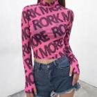 Mock Neck Long-sleeve Lettering Crop Top